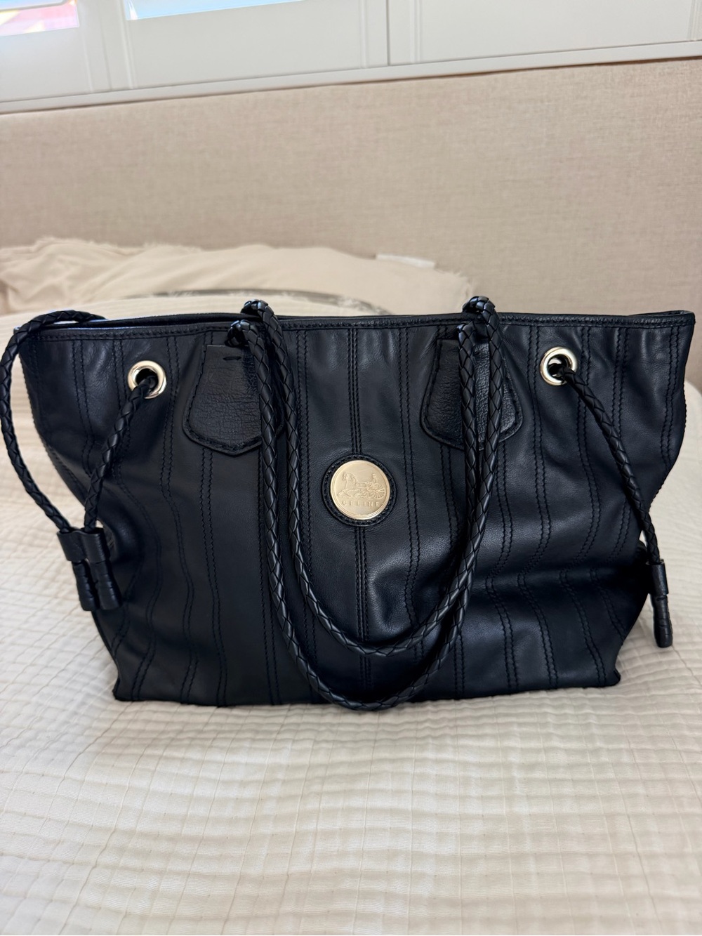 Vintage Céline Black Leather Horse Carriage Medallion Tote Bag